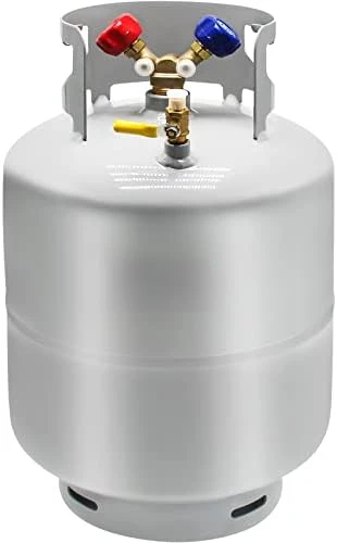 

Recovery Tank, 30 LBS Capacity, Y-Valve Liquid/Vapor, Double Valve Collar Design, Reusable Save Valve and 1/4 SAE Y Valve, Gray