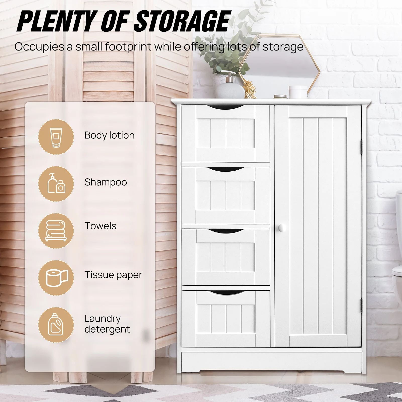 Cabinet Cupboard Free Standing Wooden Cabinet Storage Unit with 4 Drawers & 1 Door 3-Height Adjustable Shelf Utility Cabinet