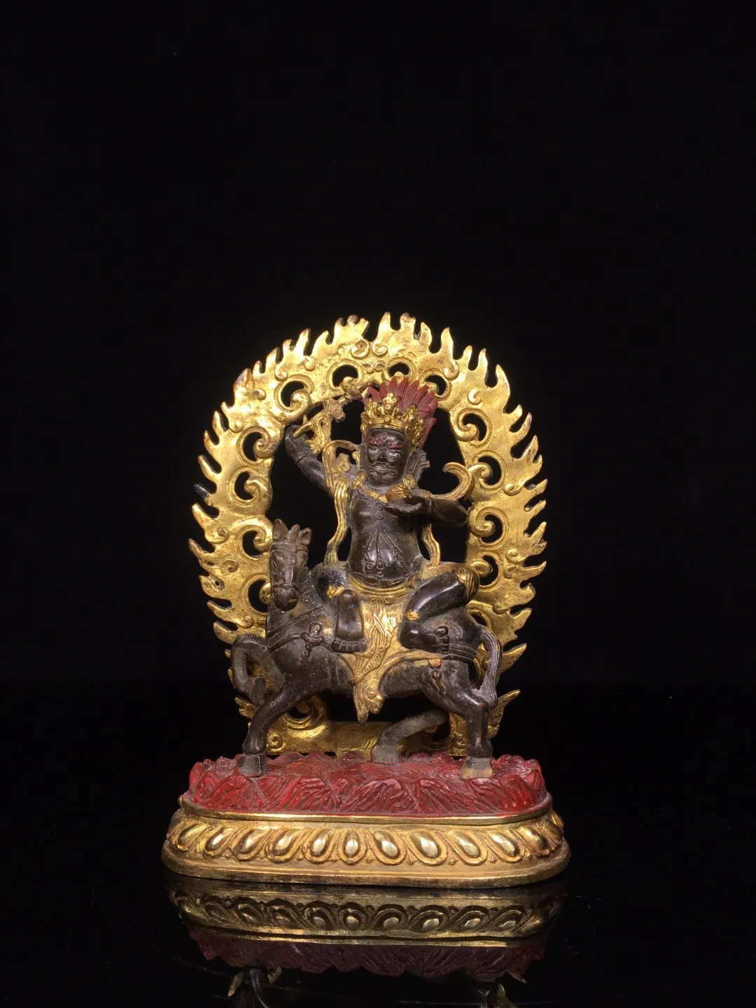 

Tibetan Bronze Gilded Gold Face Painted with Auspicious Heavenly Mother Riding Horse, Ram Guanyin Tara Decoration, 18cm, Home an