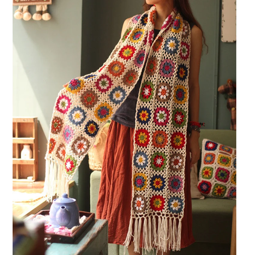 

Handemade Clothing Bohemian Crochet Pashmina Scarf Boho Women Ethnic Vintage Floral Shawls Cardigan With Tassel Holiday Wear