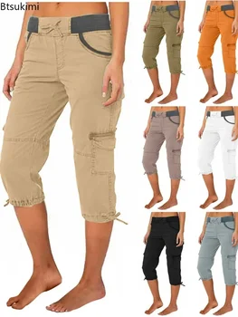 2025 Women's Summer Casual High Waist Drawstring Pocket Workwear Pants Solid Loose Wide Leg Extendable Cuffs 7-inch Pants Female