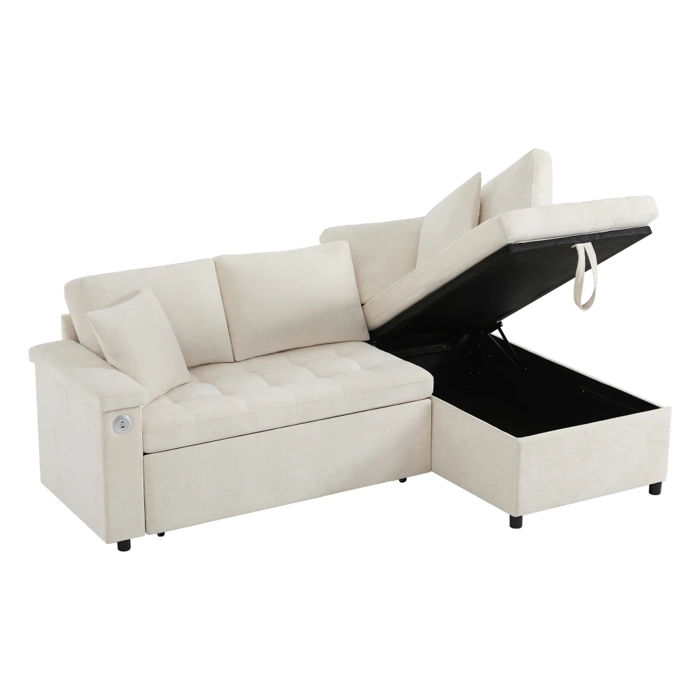 Wohnzimmer L-förmiges Sofa mit Ausziehbett, Ausgestattet mit Stauraum, USB-Ladegerät, Armlehnen-Stauraum und 2 Kissen – Detail 17