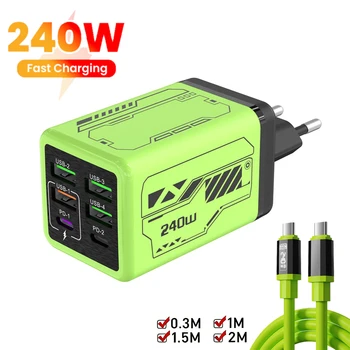 Caricatore 6 in 1 da 240W con porta Type-C, ricarica rapida PD, adattatore di alimentazione per iPhone, Samsung, Xiaomi, con spina EU/US, caricatore da parete a ricarica rapida.