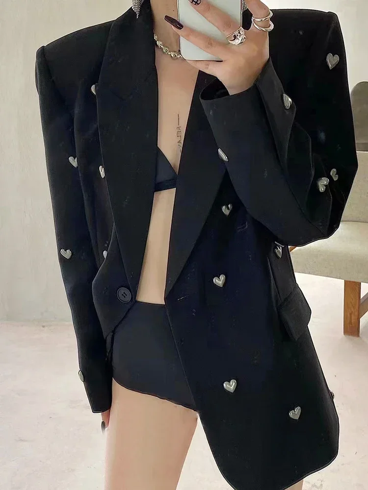 Fashion Women Blazer Notched Collar Long Sleeves Single Button 3D Love Rivet Decoration Suit Jackets Autumn 2024 New 7AB858