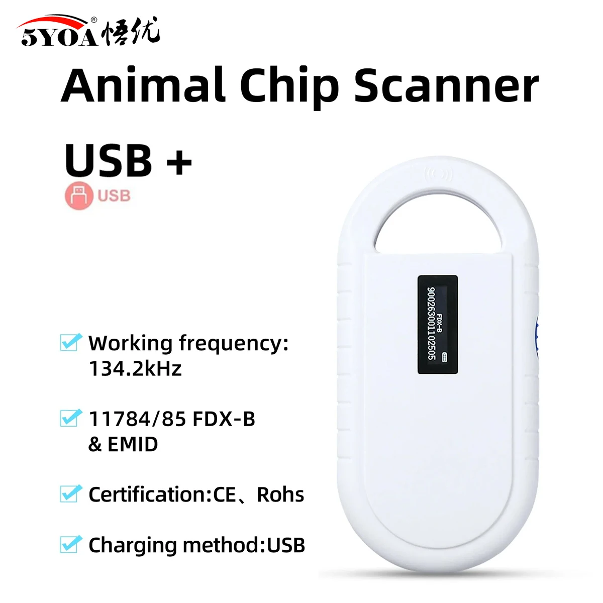 5YOA El Hayvan Evcil Hayvan Mikroçip Okuyucu OLED Ekran EMID FDX-B ISO11784/85 RFID EMID Mikro Çip Tarayıcı Şarj Edilebilir Köpek Kedi