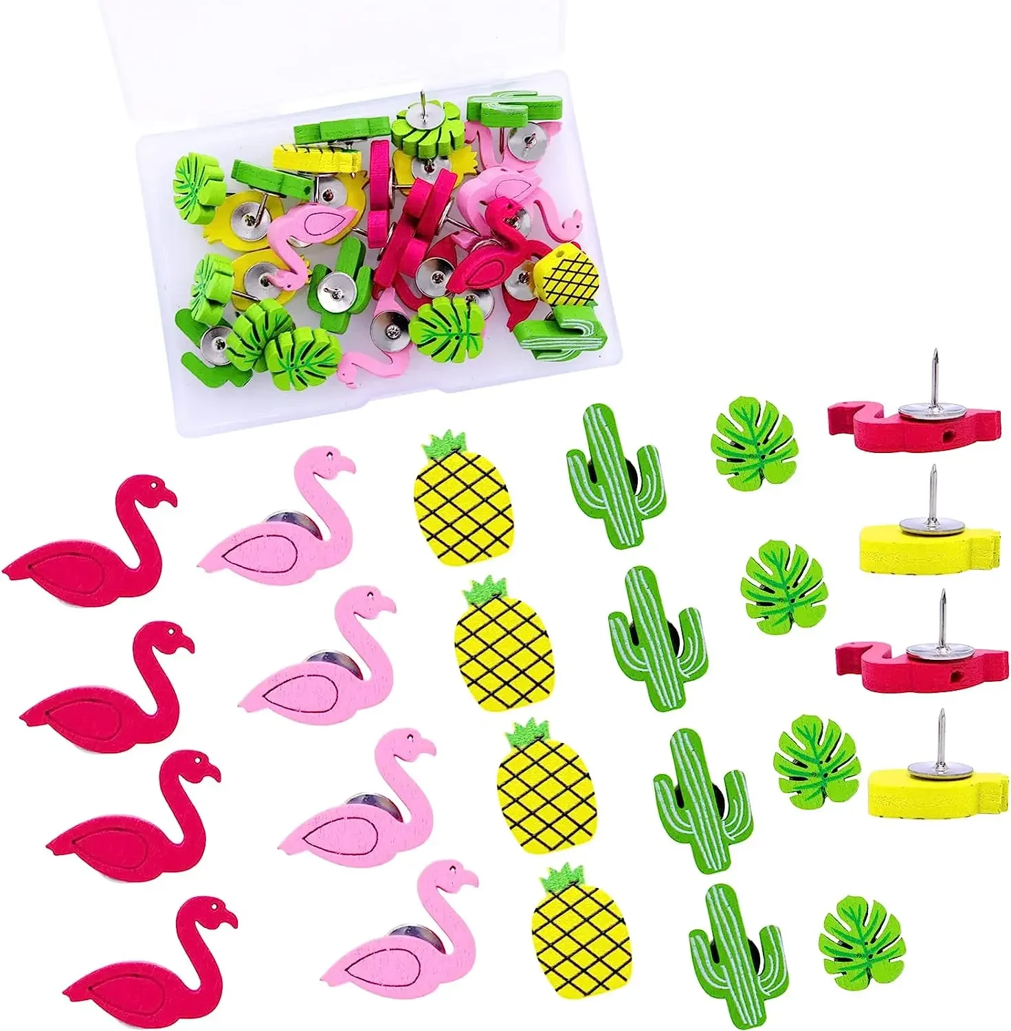 Decorative Push Pins Wood Push Pins 30PCS for Home Office Cork Board Tropical Elements Flamingo Pineapple Cactus Palm Leaf