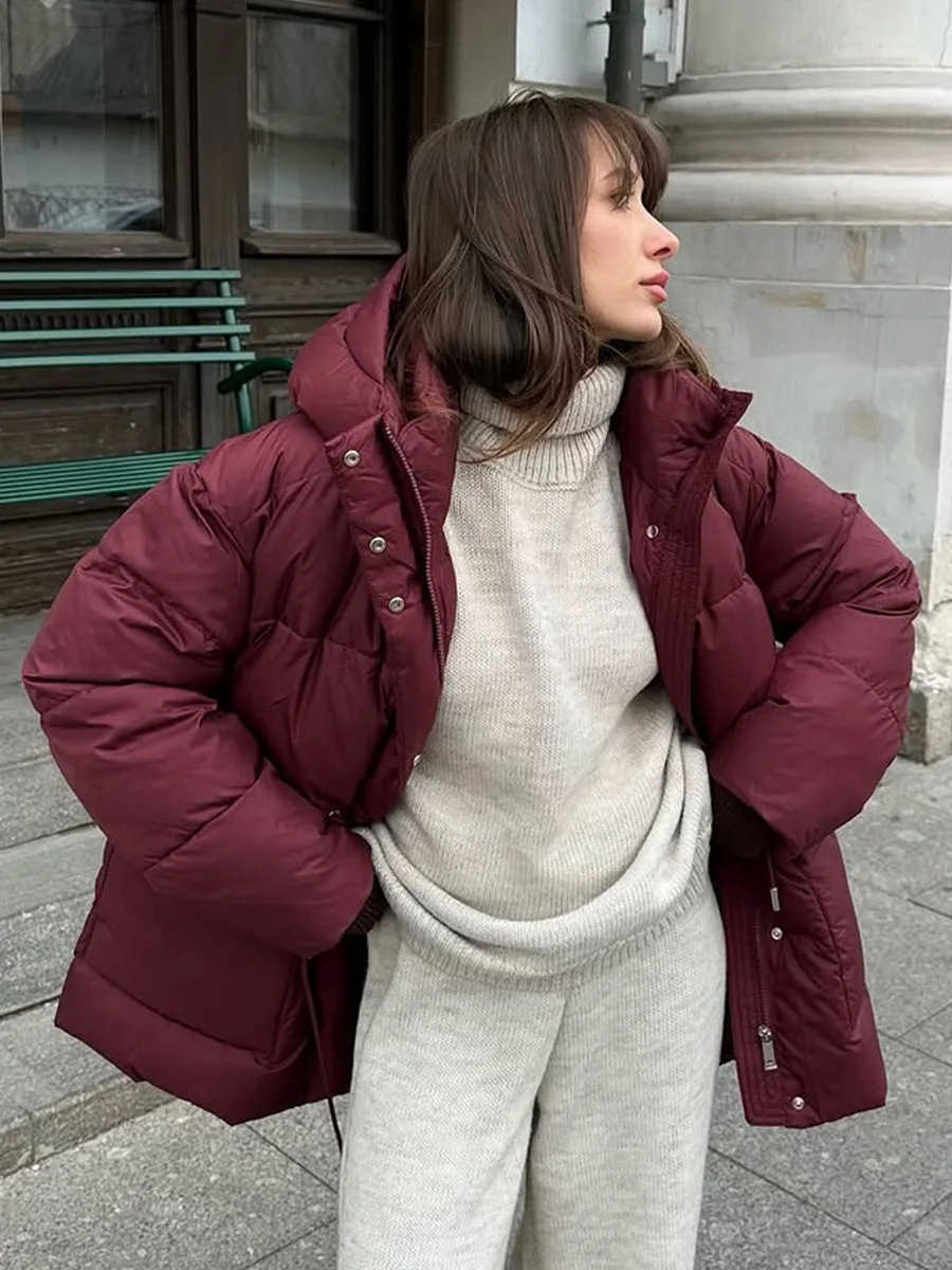 Bornladies New 2025 Winter Women Wine Red Hooded Puffer Coat Drawstring Waist Zipper Warm Bread Jacket Outerwear