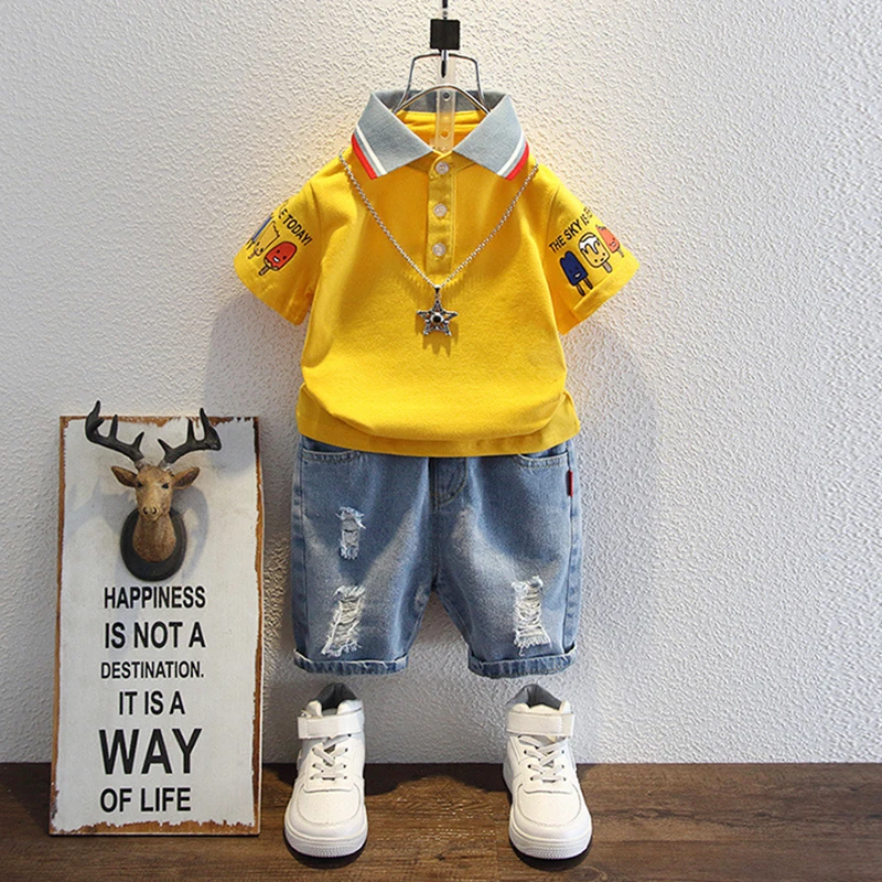 2-10 Years Kids Boys Clothes Set Summer Short Sleeve Cartoon Print Lapel T-shirt And Denim Shorts 2PCS Children Tracksuit Outfit 4