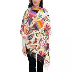 Mexican Otomi Birds Scarf Wrap for Women Long Winter Warm Tassel Shawl Unisex Flowers Floral Mexico Scarves