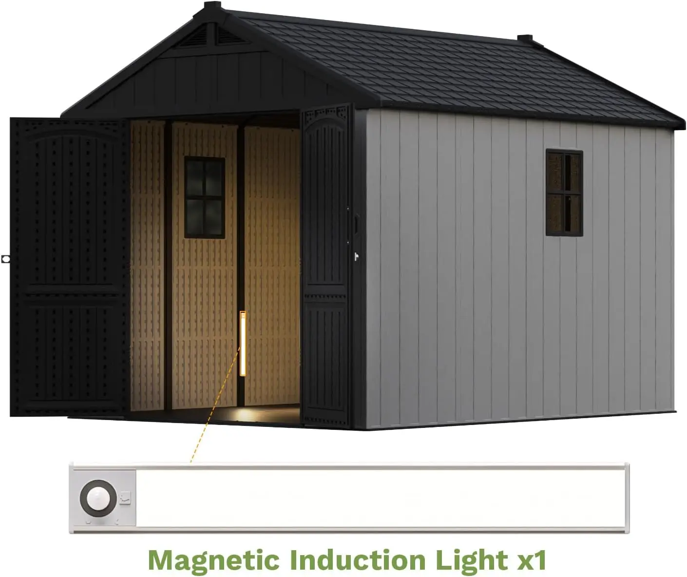 8 x 10 FT Resin Outdoor Storage Shed with Floor and Light, Large Plastic Barn with Lockable Door for Garden Tools, Backyard