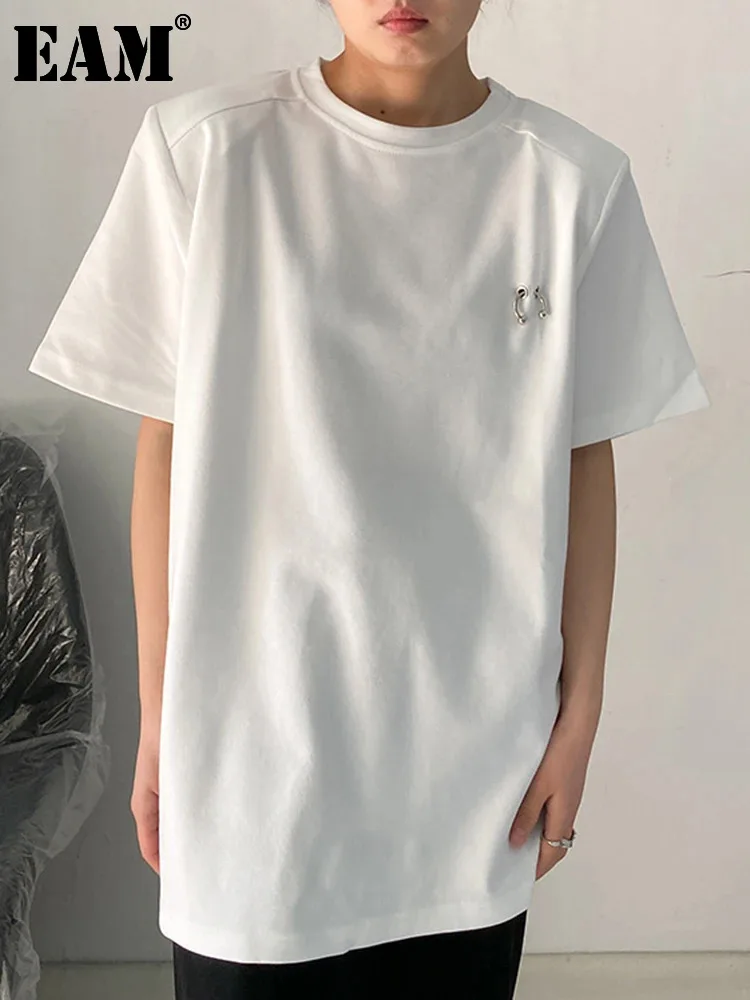 

Женская Повседневная футболка EAM, белая футболка с круглым вырезом и коротким рукавом, большие размеры, весна-лето 2024