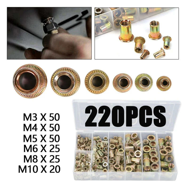 

220pcs Rivet Nut M3-M10 Mixed Rivet Nut Tool Kits Zinc Steel Riv-nut Insert Threaded Nutsert Set