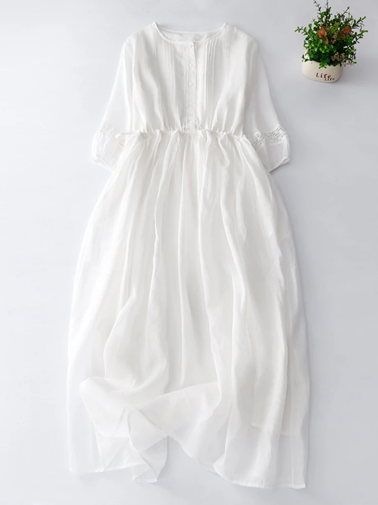 

Beach White Dress for Women Clothing Streetwear O Neck Loose Vintage Short Sleeve A Line Midi Boho Dress