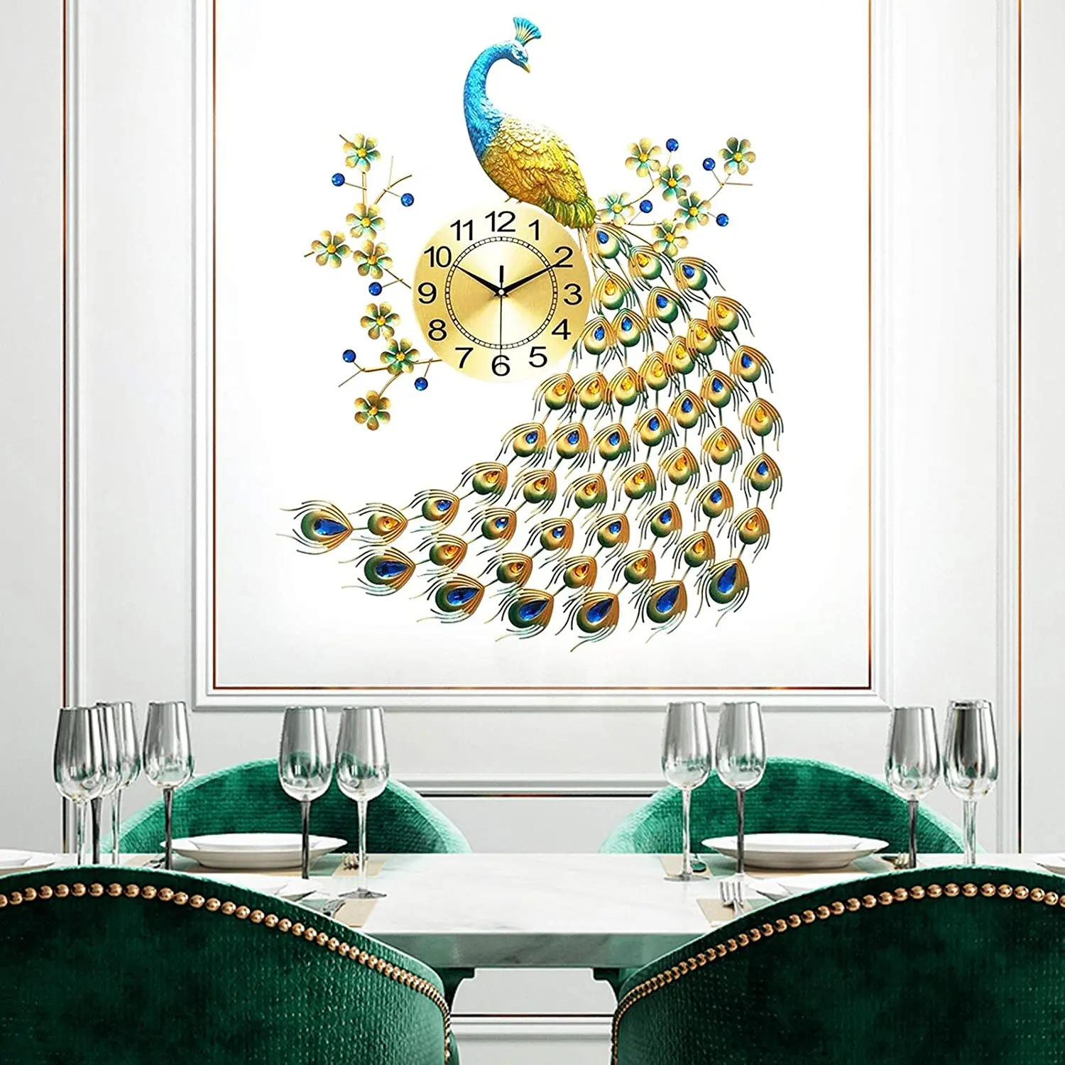 8.26'' Peacock Wall Clock 3D Metal Large Watch Wall Clock Decor Silent Art Decor green  