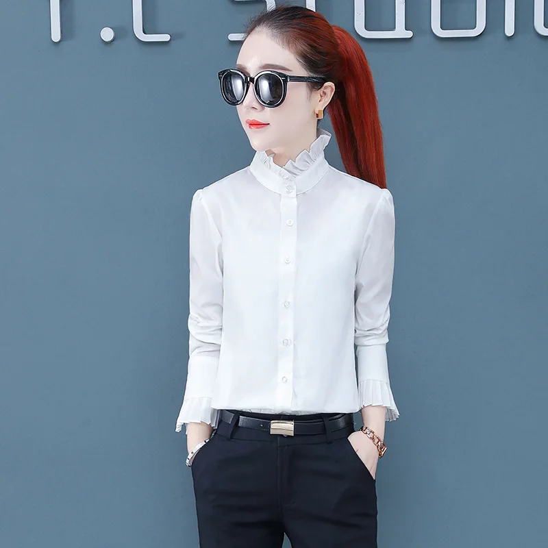 Fashion And Versatile Stand Up Collar With Wooden Ear Edge Long Sleeved Inner Lining Shirt Women'S Spring Autumn New Bottom Top