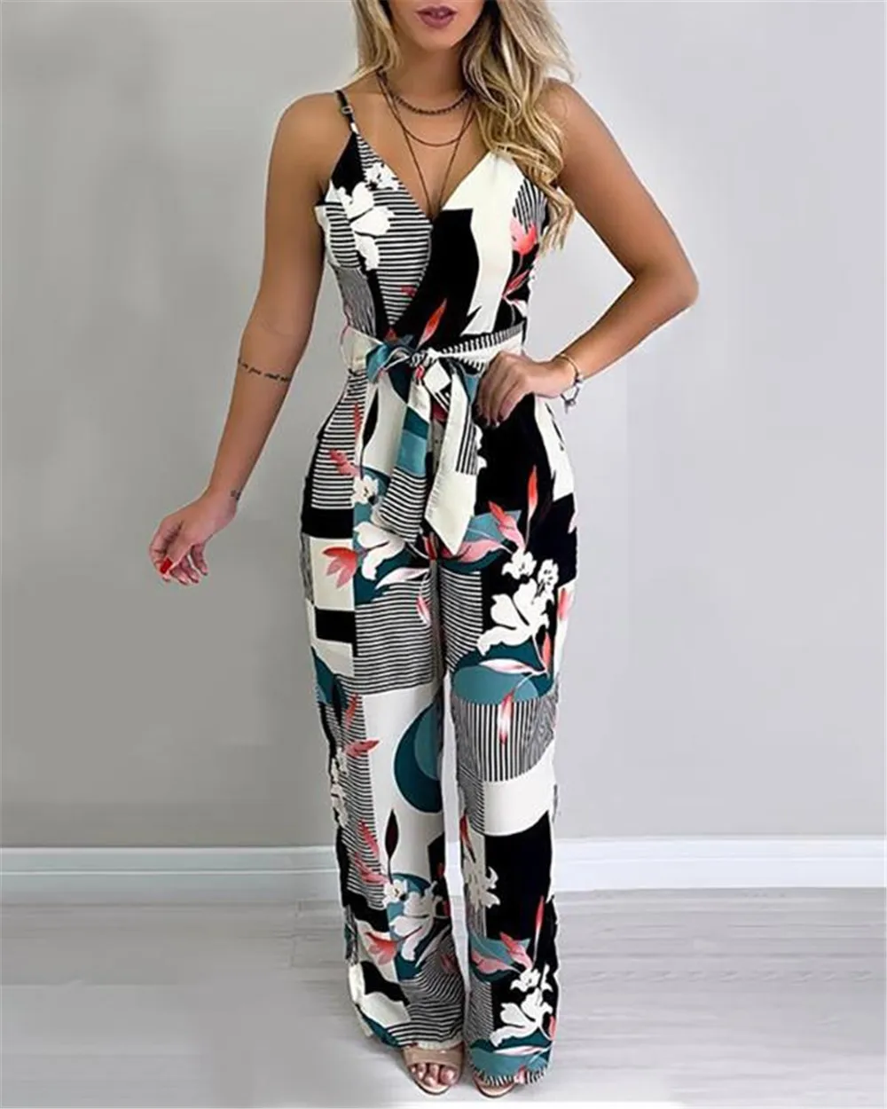 

Women Summer Long Jumpsuit Floral Printed Sling V-Neck Low Chest Loose Romper Back Zipper Up Wide Leg Long Pants Jumpsuit