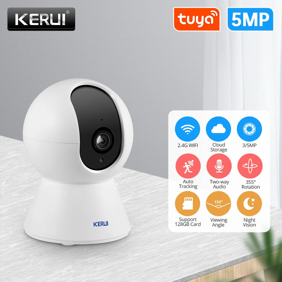 KERUI 3MP 5MP Tuya Smart Home Security Protection Mini IP Camera Indoor Wifi IP Surveillance Camera CCTV 355 ° Auto Tracking