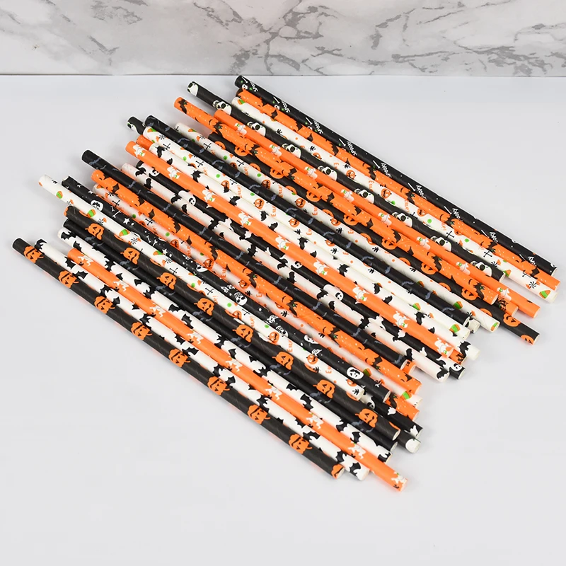 50/25Pcs Halloween Strohhalme Kürbis Fledermaus Spinne Geist Einweg Trinken Papier Strohhalme Halloween Party Home Bar Liefert – Detail 6