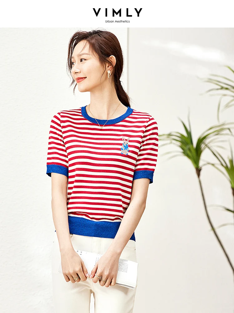 

Vimly Contrast Stripe Short Sleeve Knit Pullovers Summer Sweaters for Women Female Knitwears Embroidery Rib Knitted Tops Women