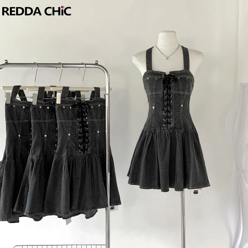 

REDDACHiC Belt Corset Mini Pleated Denim Dress Halter Neck Sleeveless Vintage Y2k Clothes Women Summer One-Piece Dresse