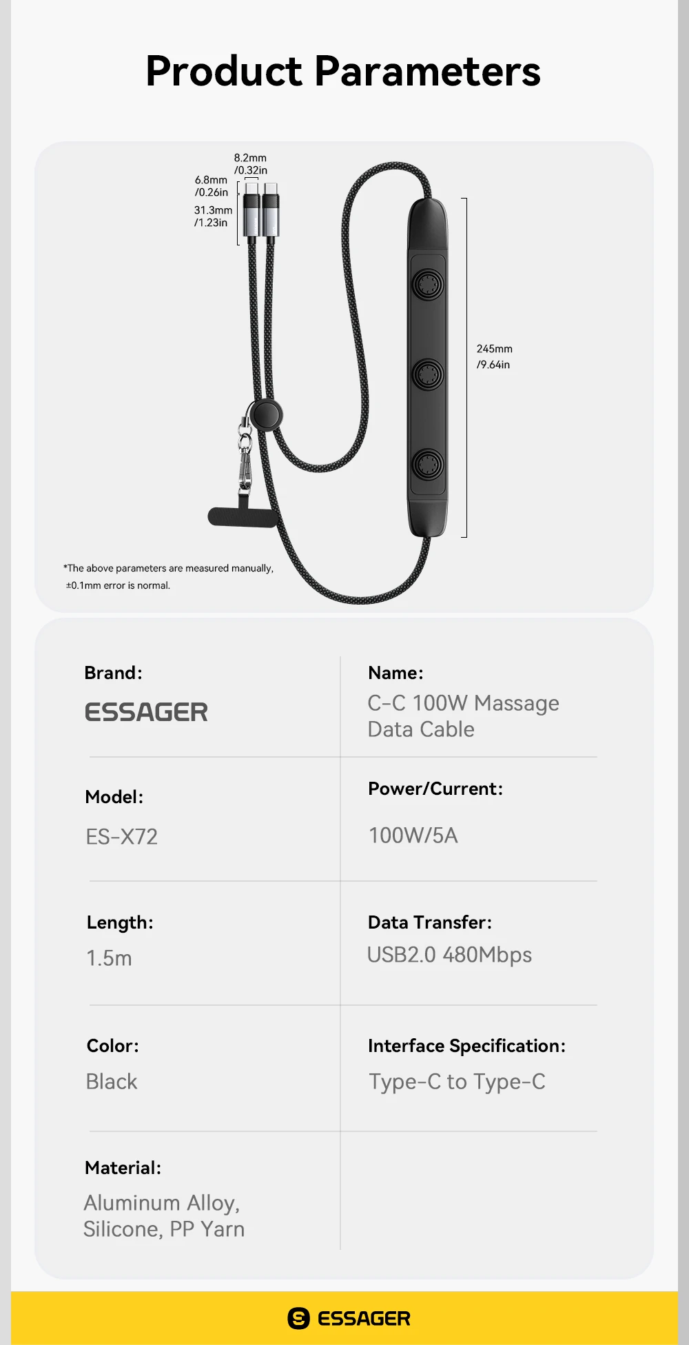 Massage USB C Cable PD100W Fast Charging for iPad Macbook iPhone 17 16 15 Type C