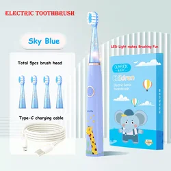 Children's LED Light - Up Waterproof Electric Toothbrush with Cartoon Design (Sky Blue 5 head)