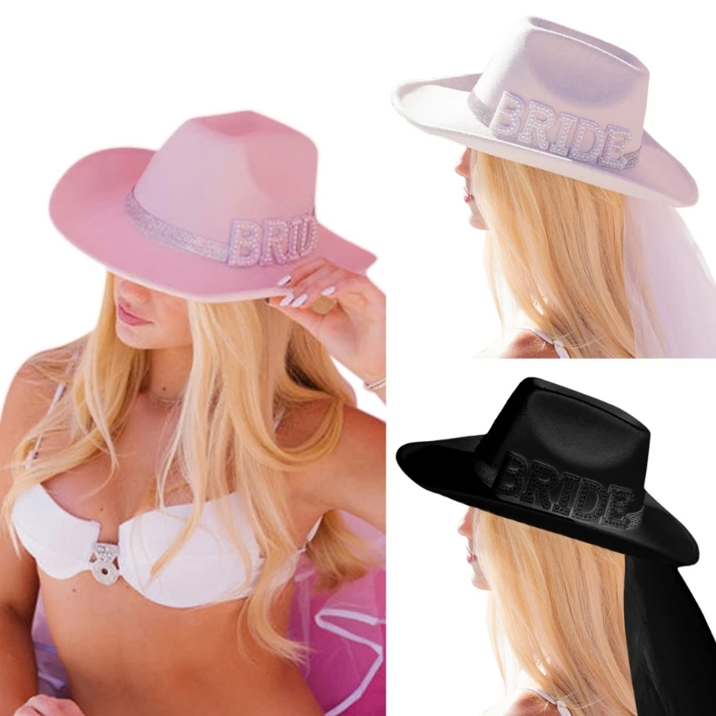 

Handmade Woman Bride Cowgirl Hat Wide Brim Bridal Long White Veil Fedoras Hat