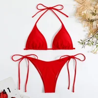 Sensual Pure Color Bikini Set Women's Two-Piece Swimsuit with Waist Belts Backless Slimming Cross-Border Swimwear