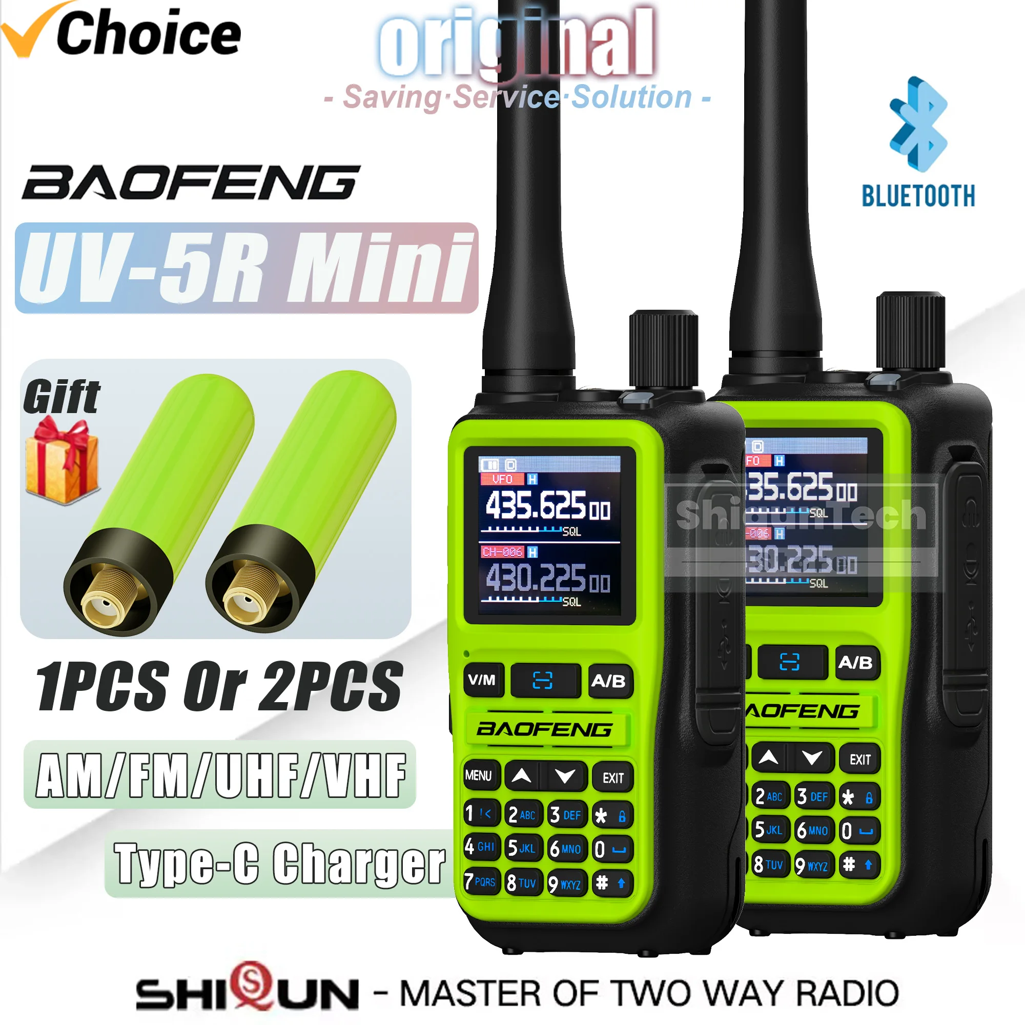 1/2PCS Baofeng UV-5R 미니 워키 토키 (805S 안테나 포함) 녹색 블루투스 프로그래밍 유형-C FM 듀얼 밴드 초경량 999CH