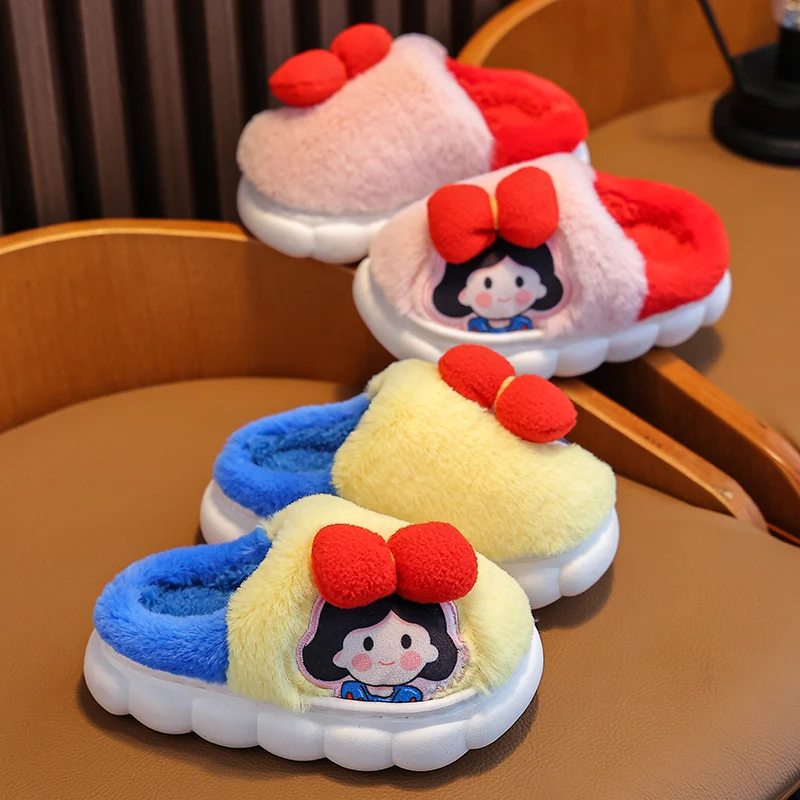 Kids Slippers Children Winter Girls Platform Plush Slippers Home Indoor Non-Slip Warm Cute Cartoon Schoolgirl Princess Shoes 3-12 Years
