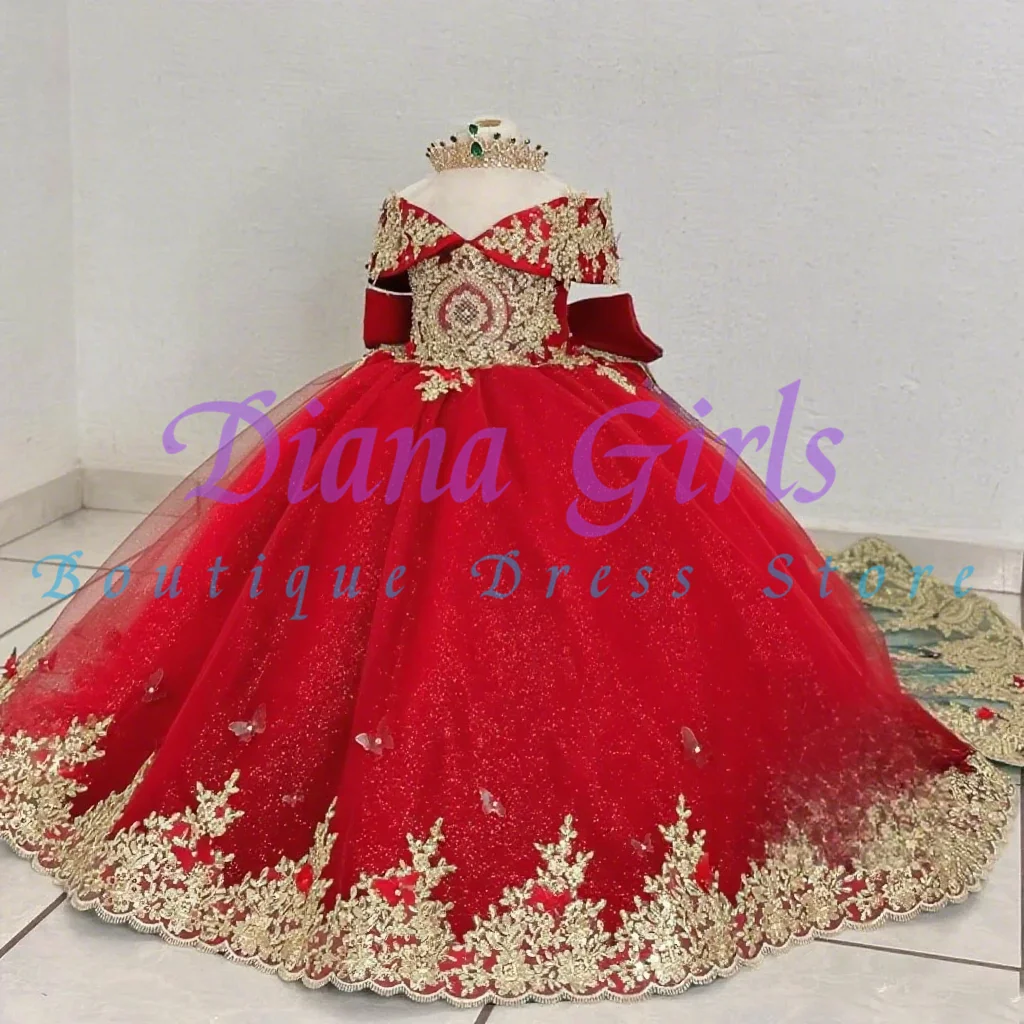 Gorgeous Green Flower Girls Dress Wedding Dresses Off The Shoulder Gold Appliques Kids Birthday Party Dresses Evening Gowns 6