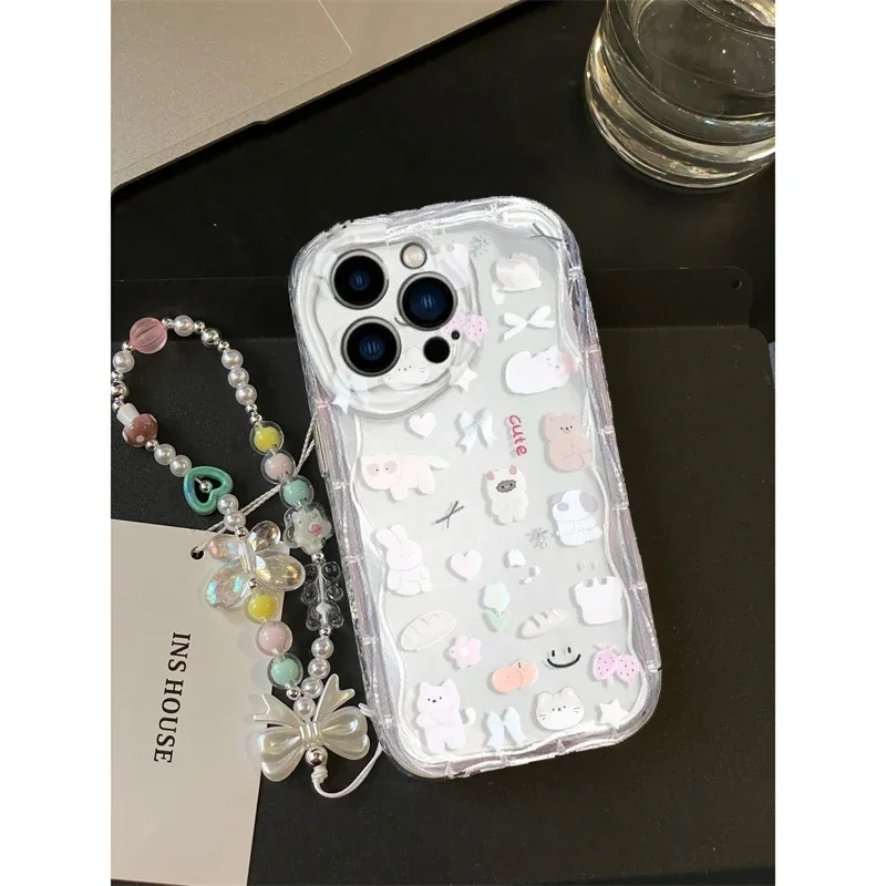 Charming Cat Bow Wrist Chain Clear Soft Phone Case