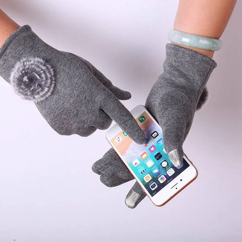 

Женские перчатки с помпоном, удобные зимние теплые меховые теплые мягкие флисовые перчатки с большим помпоном