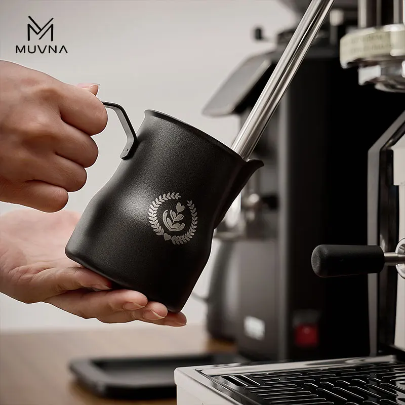 Premium Stainless Steel Milk Frothing Pitcher with Sharp Spout - 350/450ml, Black/Silver Finish