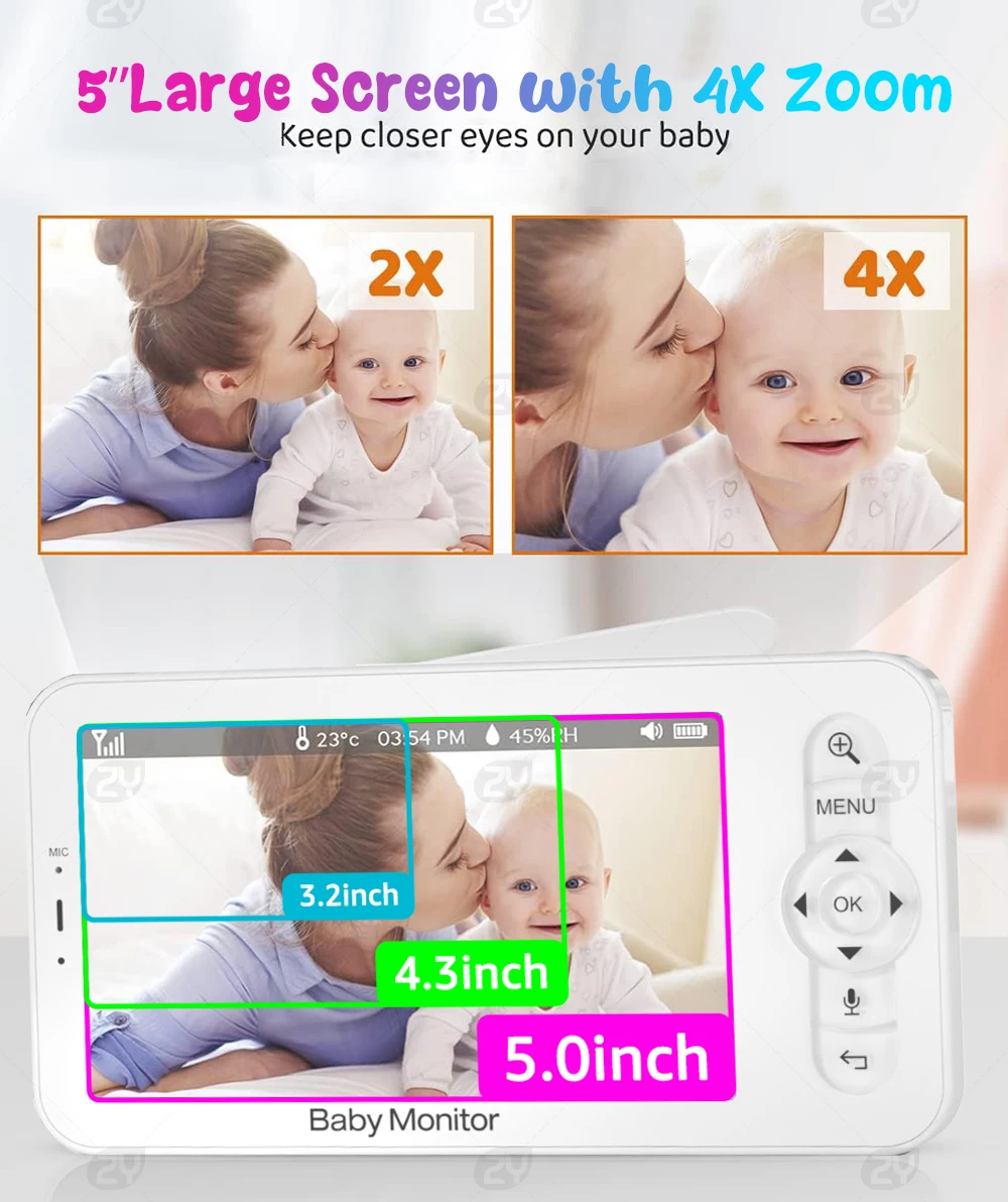 WiFi-babyfoon met APP, 5-inch 720P-scherm, 1080p-camera, HD-nachtzicht, Pan Tilt Zoom op afstand, 2-weg praten, gratis smartphone-app, 3000mAh-batterij, 1000ft