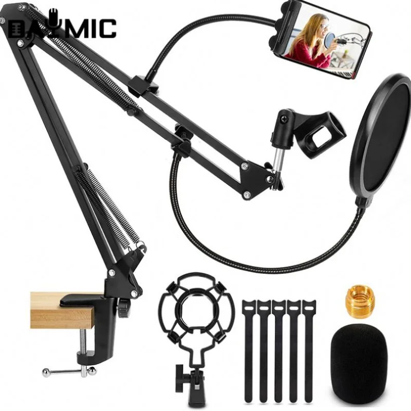 

Wholesale Professional Suspension Microphone Arm Stand Scissors Clamp With Phone Holder For Livestream Recording
