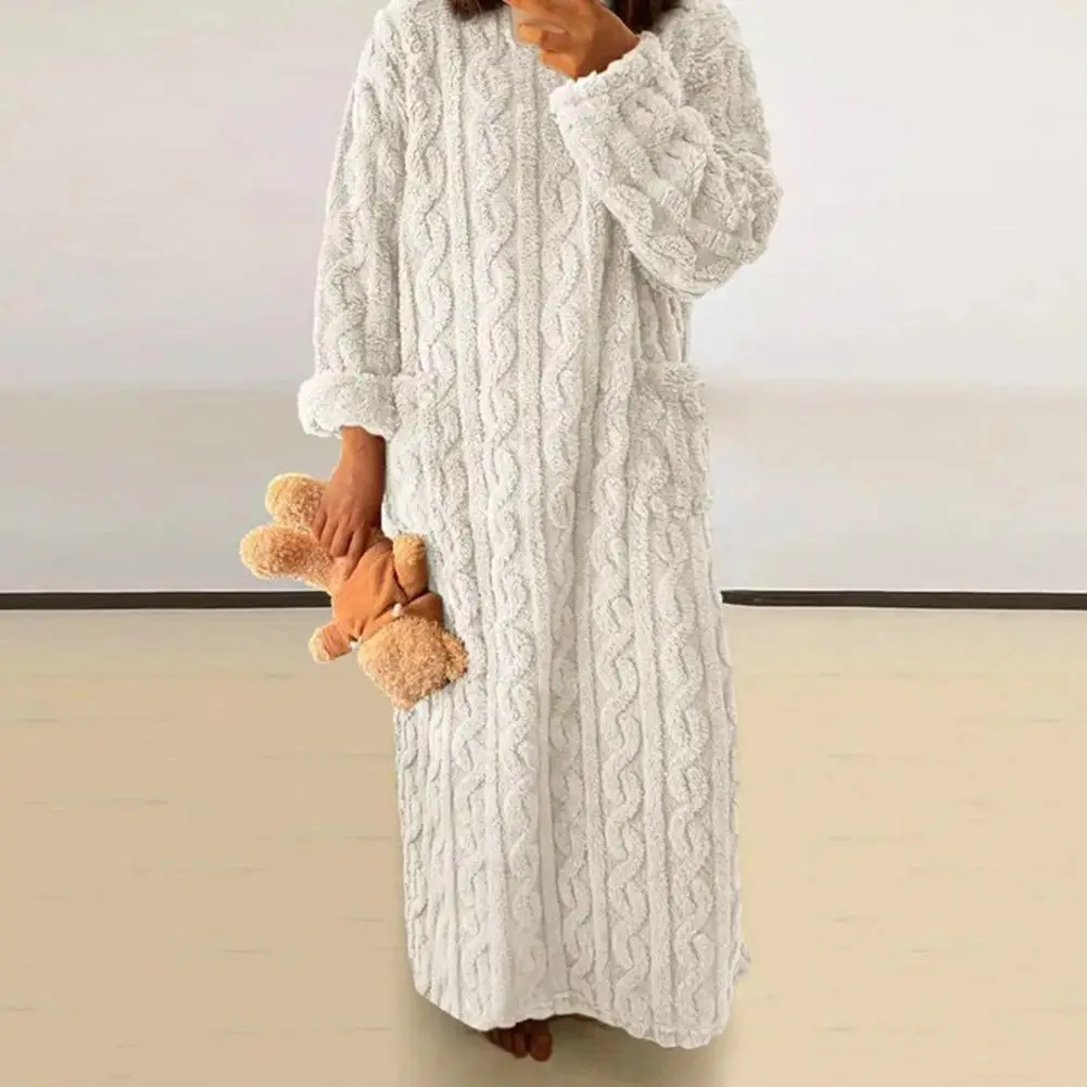 

Fall Winter Nightgown Thick Coral Fleece Loose Pockets Warm Solid Color Round Neck Twisted Texture Long Sleeve Full Length Therm