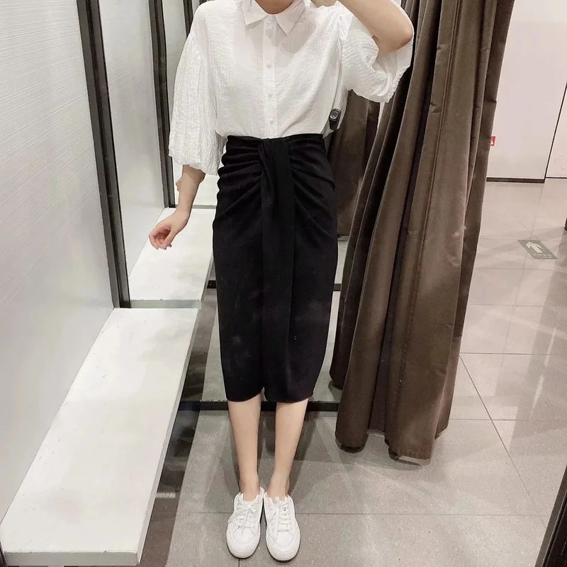 Female New Fashion All-match Casual Slit Mid-calf Black Skirt Simple Solid Color High Waist A-line Midi Skirt Women Sexy Wear