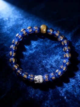Natural Stone Bracelet 8mm Blue Crystal Beads with Six Word Mantra Buddha Head Onxy Heart Sutra Mala for Reiki Spiritual Jewelry