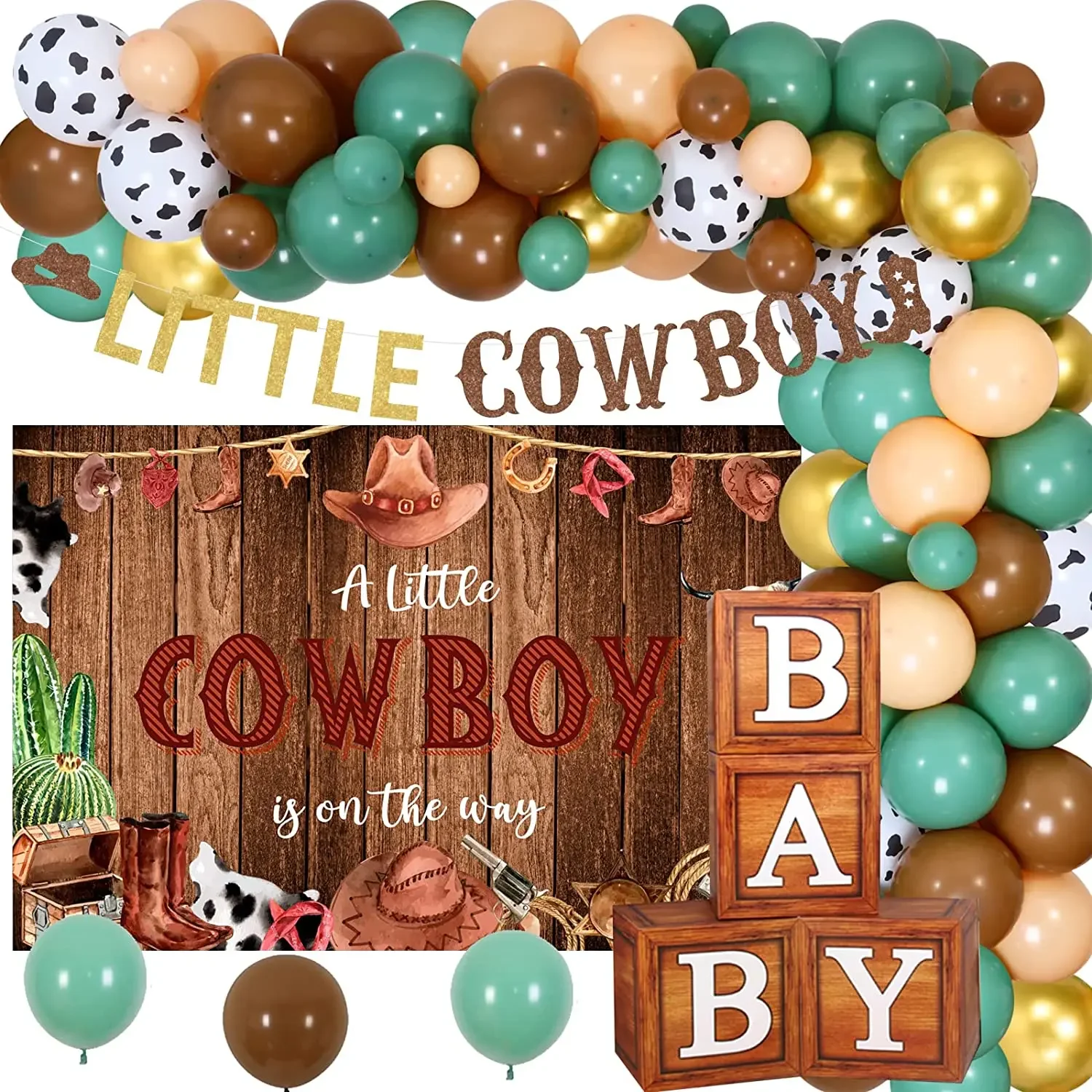 

Ковбойский стиль, декор для мальчика, Зеленый воздушный шар, Фотофон с 4 деревянными зернами, коричневые детские блоки, баннер для фона