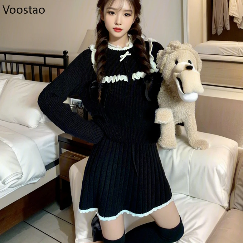 

Autumn Winter Kawaii Knitted 2 Piece Set Women Sweet Bow Ruffles Sweater Mini Pleated Skirt Suit Female Casual 2 Piece Set New