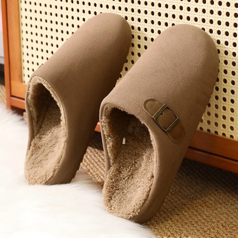 Winter Men's Flat Form-fitting Lightweight One-step Solid Color Large Size Suede Comfortable and Warm Indoor Cotton Slippers