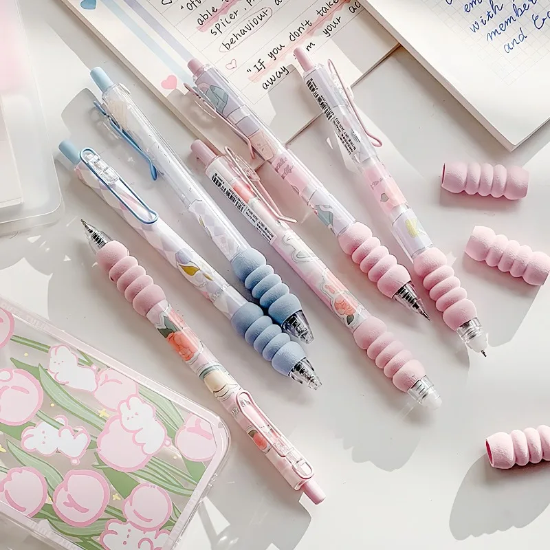 

4pcs/set Gel Pens Press Type Rollerball Pen Creative Sponge Grip Flower Print Soft Holding 0.5mm Ballpoint Black Ink Pen