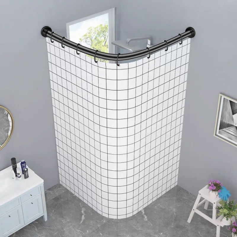 No Punching Shower Corner Hanging Curtain Waterproof Cloth Shower Partition Curtain Bathroom Scalable Curved Pole Loading 70kg