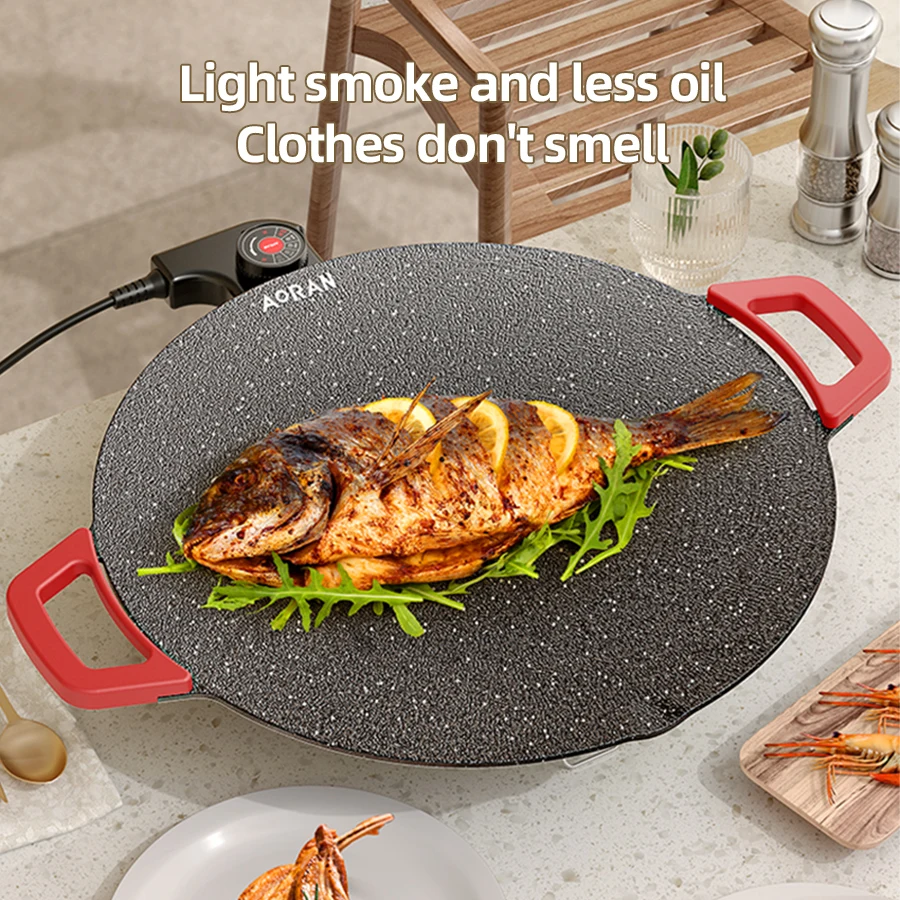 Electric Barbecue Pan for Household Use, Low Smoke and Non Stick Multifunctional Baking Tray for Grilling and Stir Frying Meat 6