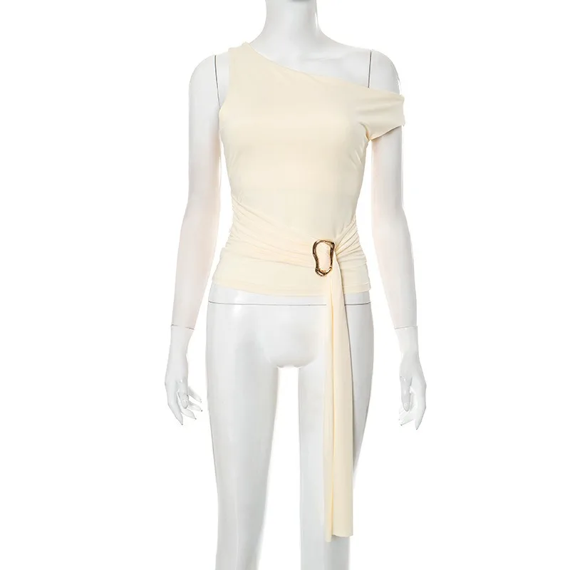 New Fashion Y2k Women's Short Skirt Set Summer Diagonal Neck Sleeveless Metal Buckle Vest Hip Skirt Solid Color Two-piece Set