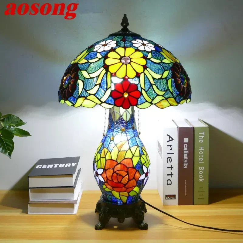 

AOSONG Tiffany Table Lamp American Retro Living Room Bedroom Lamp Luxurious Villa Hotel Stained Glass Desk Lamp