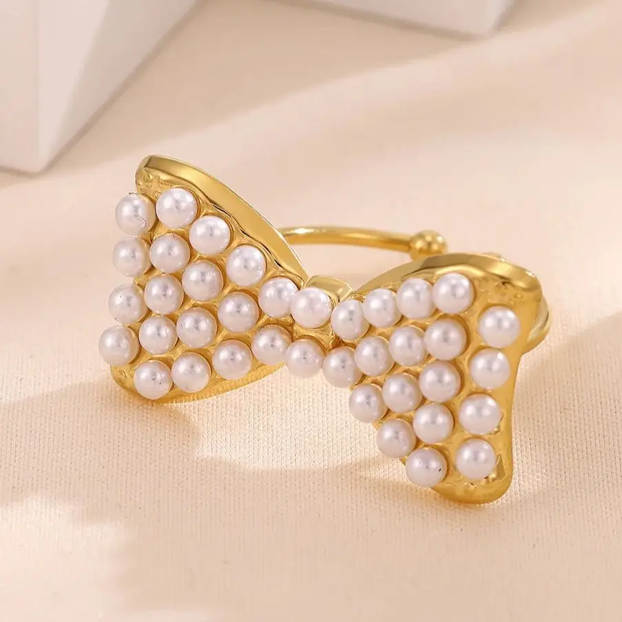 Elegant Bowknot Pearl Rings for Women Gold Color Stainless Steel