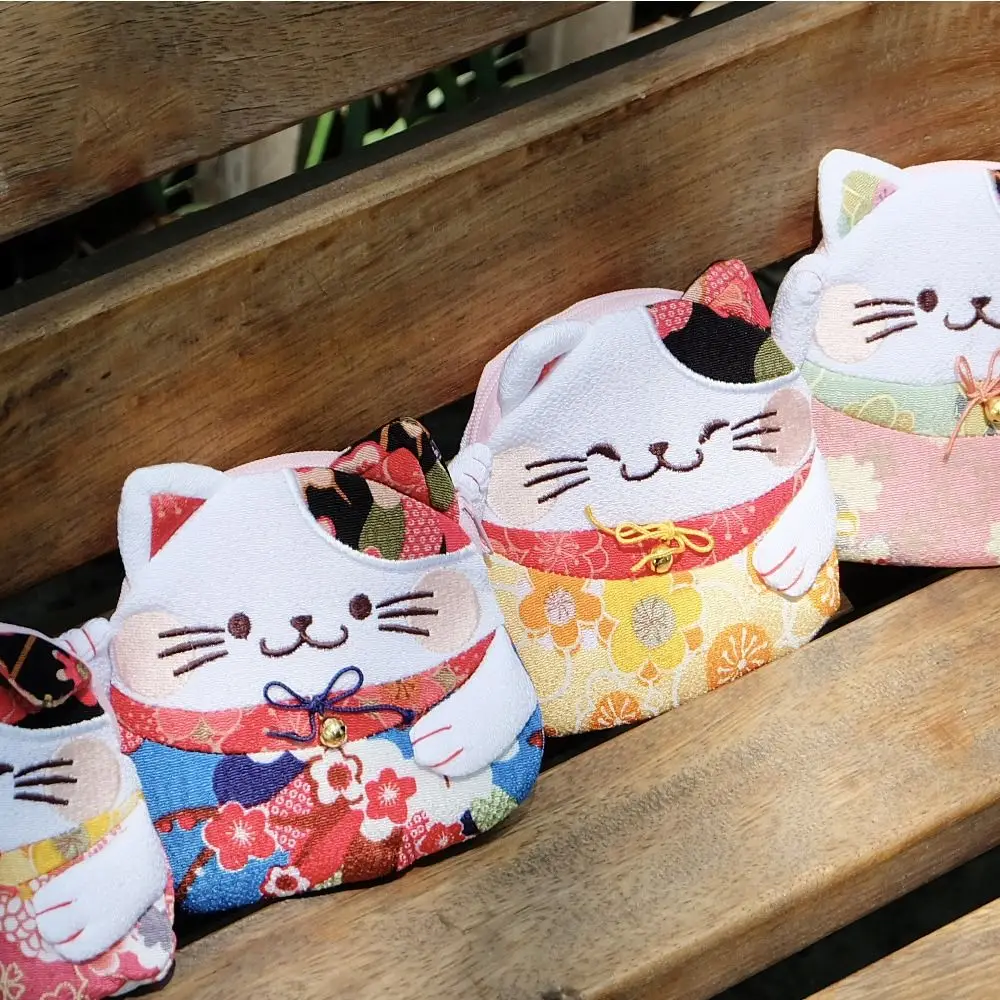 Retro Japanese Style Maneki Neko Coin Purse Zipper Flower Printing Lucky Cat Clutch Bag Storage Bag PU Card Holder Women