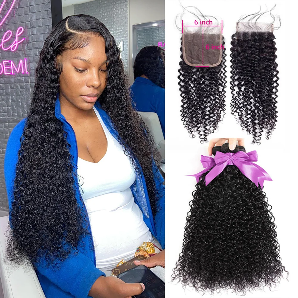 

Curly Bundles With 6X6 Lace Closure Kinky Curly Human Hair Bundles With Closure 3 Bundles With Closure Brazilian Remy